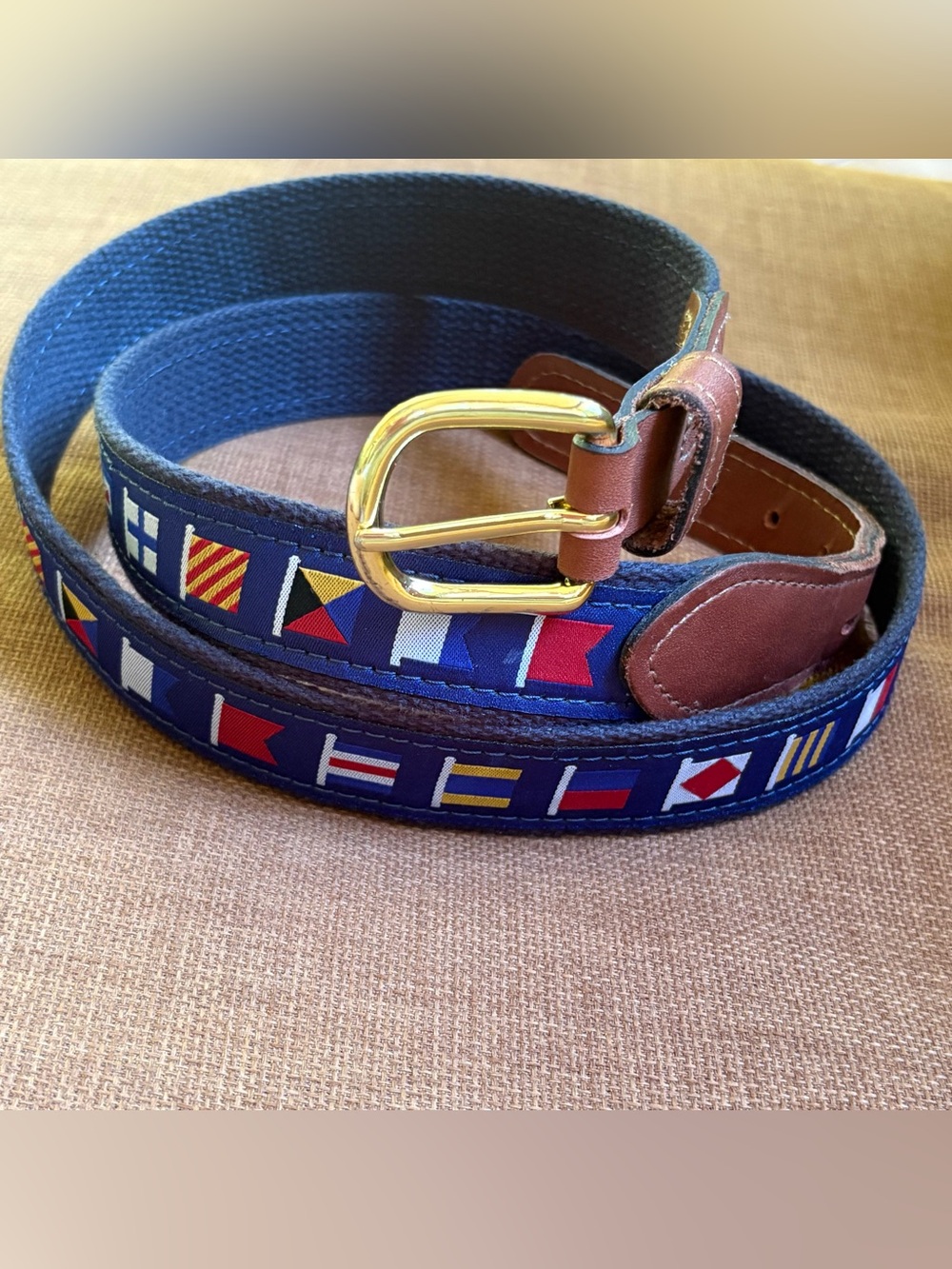 Zep Pro Mens Belt Nautical Signal Flag Blue Leather Brass Made in USA 42 Preppy